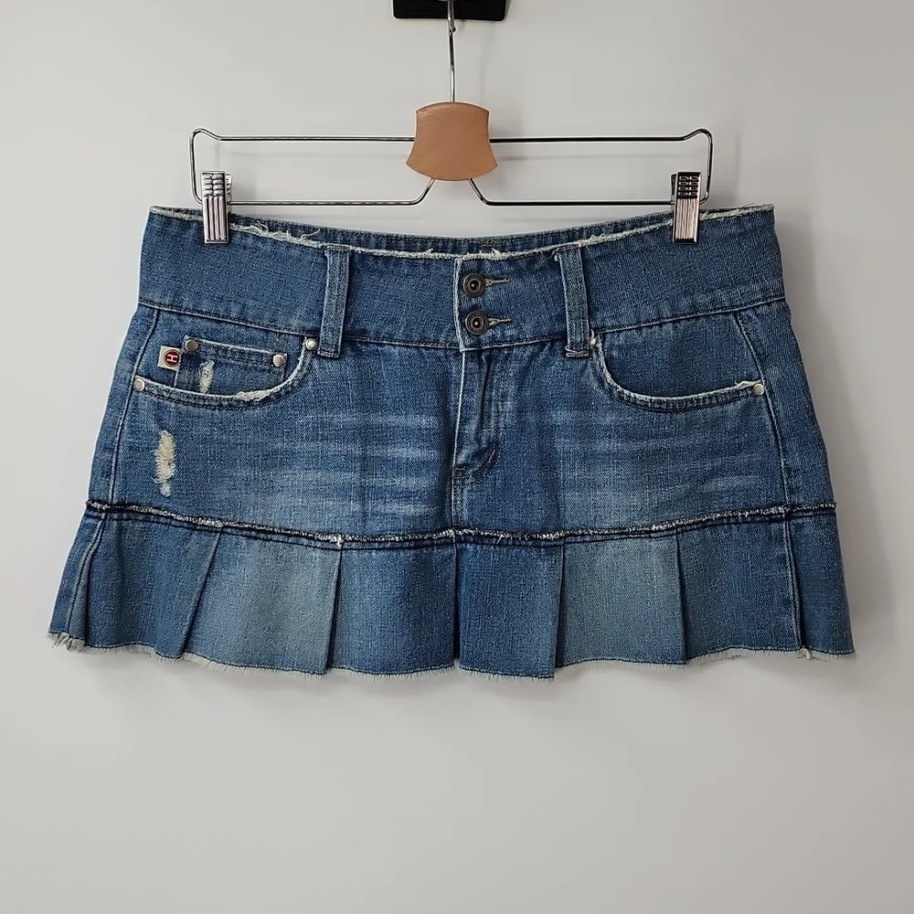 Hydraulic Blue Denim Pleated Mini Skirt